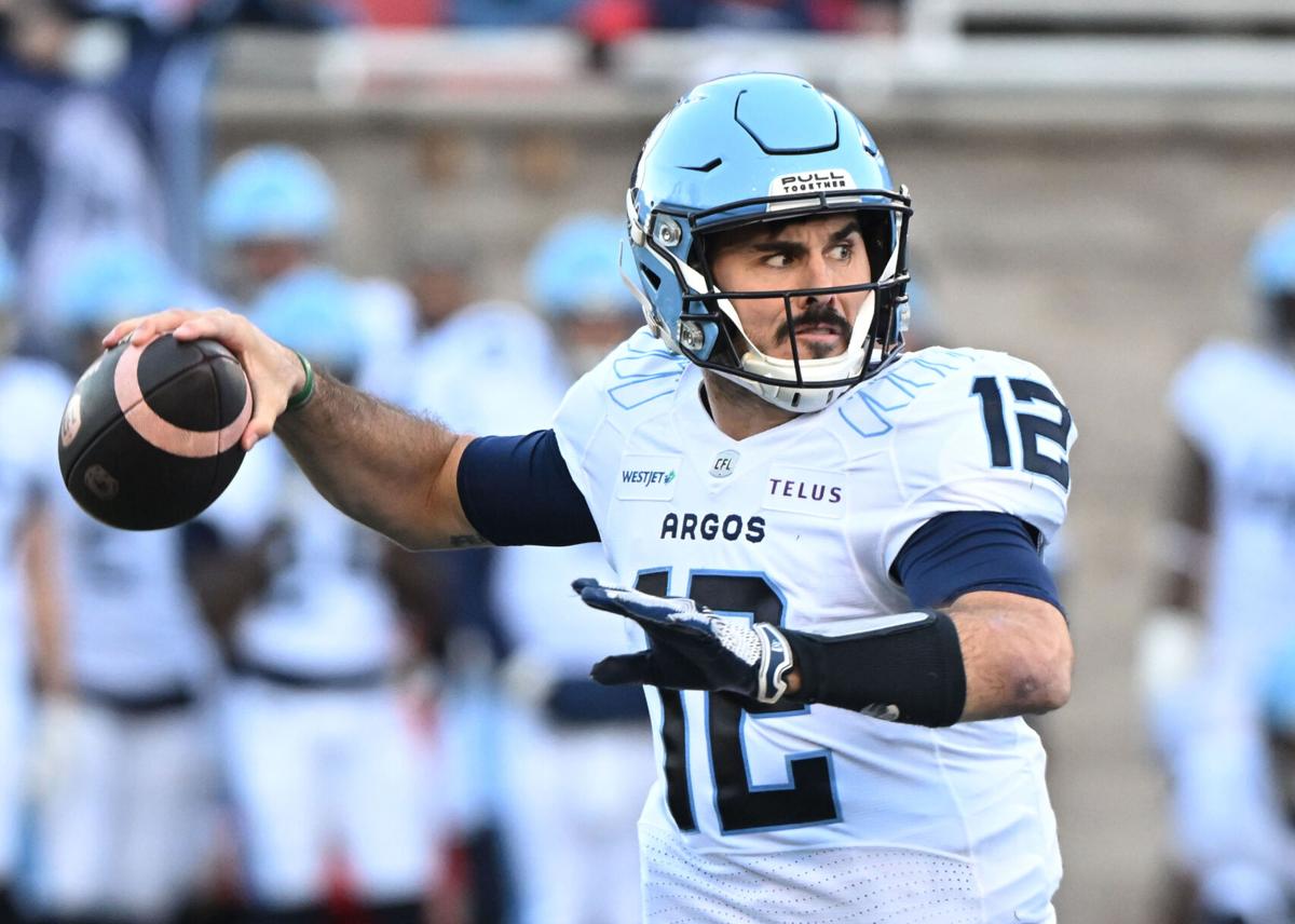 Toronto Argonauts quarterback Chad Kelly (12) throws a pass during first quarter CFL Eastern Conference Final football action Saturday, Nov. 9, 2024 in Montreal. THE CANADIAN PRESS/Graham Hughes