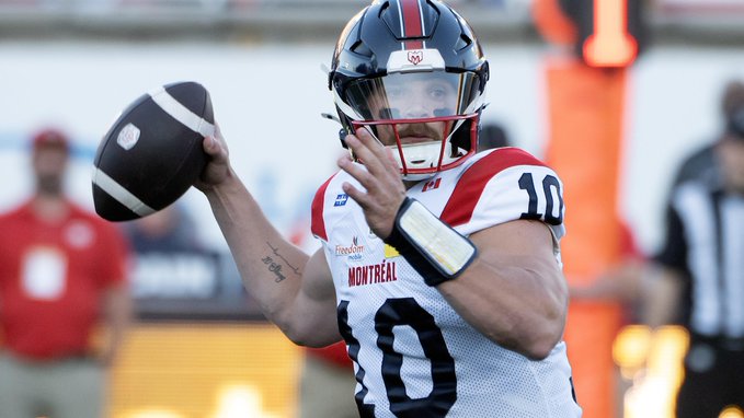 Montreal quarterback Davis Alexander in the Alouettes' first preseason game